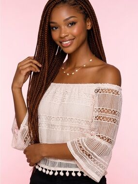 Tularosa White Cropped Off-Shoulder Bow Feminine BoHo Lace Crochet Top-S